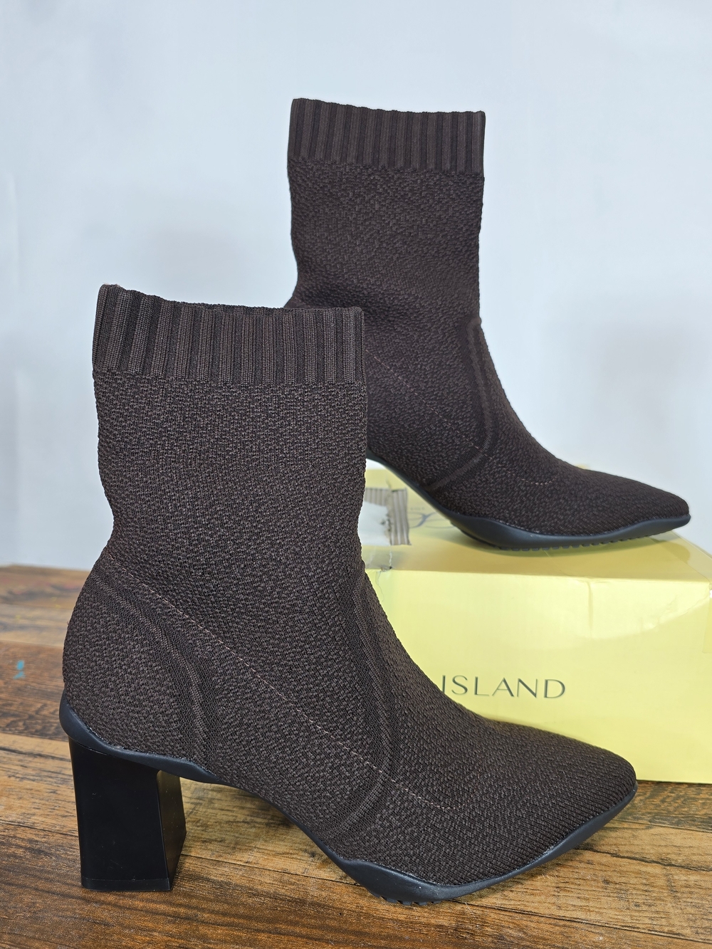 Cosy Island Women's Brown Knit Block Heel Ankle Boots Size 6